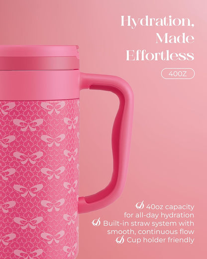 40 oz Insulated Tumbler with Handle and Push-Button Straw Lid, Stainless Steel Travel Cup for Gym Office, Leakproof, BPA-Free, Cup Holder Friendly, Bow Silicone Boot, Purple (Light Lilac)
