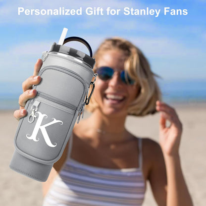 LOKASS Personalized Water Bottle Holder with Strap for Stanley Cup Accessories 40 oz, Initial for Stanley Cup Holder Carrier Bag with Phone Pocket, Stylish Tumbler Accessories for Daily Use Hands-Free