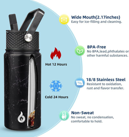 BJPKPK Insulated Water Bottles with Straw Lid, 40oz Stainless Steel Water Bottles with 3 Lids, BPA Free Leakproof Thermo, Tumblers, Cups for Sports, Gym- Midnight - Colors A