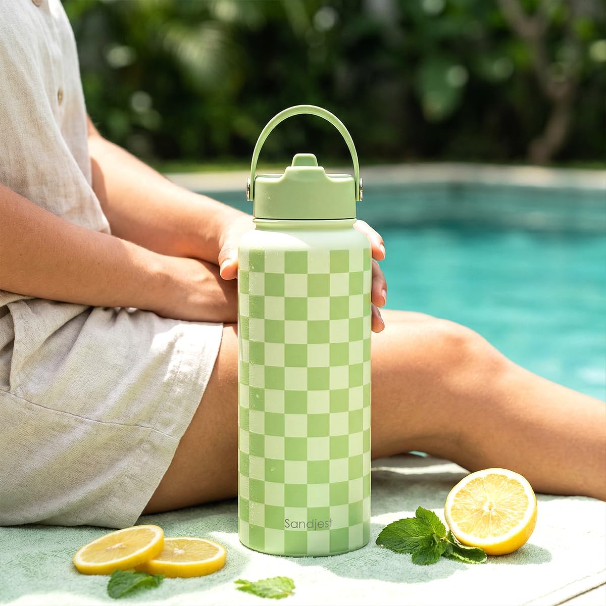 SANDJEST Pickleball Gift for Women, Water Bottle Stainless Steel 32oz with Lid & Straw, Sport Insulated Bottles Gifts for Girls Friends Teens Birthday Christmas