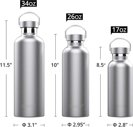 TRIPLE TREE 34 OZ Uninsulated Single Walled Stainless Steel Sports Water Bottle 18/8 Food Grade for Cyclists, Runners, Hikers, Beach Goers, Picnics, Camping - BPA Free