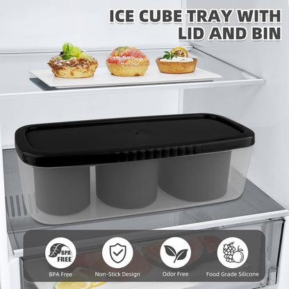 Fu Store Ice Cube Tray for Tumbler Cup 30-40 oz, 3pcs Silicone Ice Cube Molds With Lid and Bin for Chilling Cocktails Whiskey Drinks Juice Coffee Easy Fill and Release Ice Maker (Black, 40 oz)