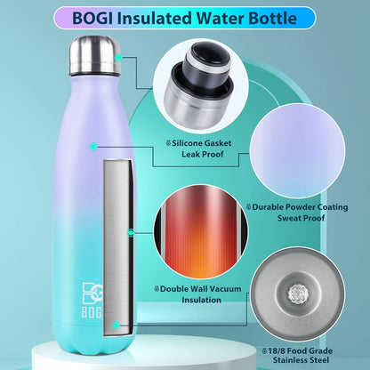 BOGI 17oz Insulated Water Bottle Double Wall Vacuum Stainless Steel Water Bottles, Leak Proof Metal Sports Water Bottle Keeps Drink Hot and Cold - Perfect for Outdoor Sports Camping Biking (Purple)