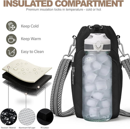SYTRAH Water Bottle Bag Crossbody，Insulated Water Bottle Purse Crossbody Water Bottle Holder with Strap 40 oz