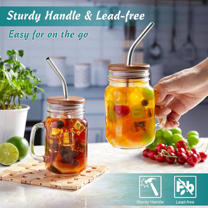 DRASTAR Iced Coffee Cup, 16 oz Mason Jar Cups with Handle, Small Glass Coffee Mugs with Straws and Acacia Lids, Drinking Glass Cups Set of 2, Smoothie, Overnight Oats Containers