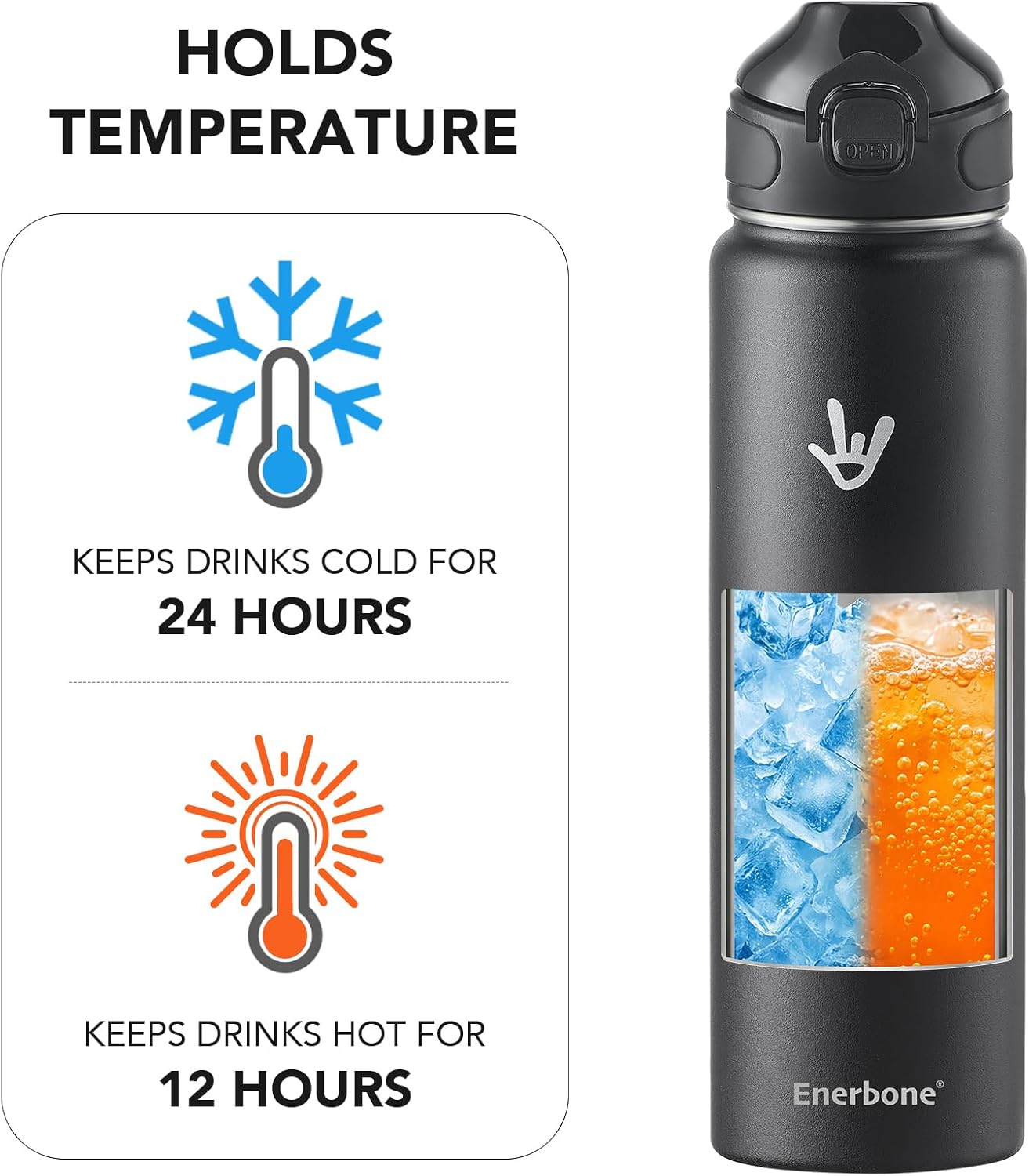 Enerbone 24 oz Insulated Water Bottle, Stainless Steel Bottle with Carrying Strap, Double-Wall Vacuum Insulation Design, Leakproof Sports Bottle with Straw, Keep Drinks Cold or Hot for Hours
