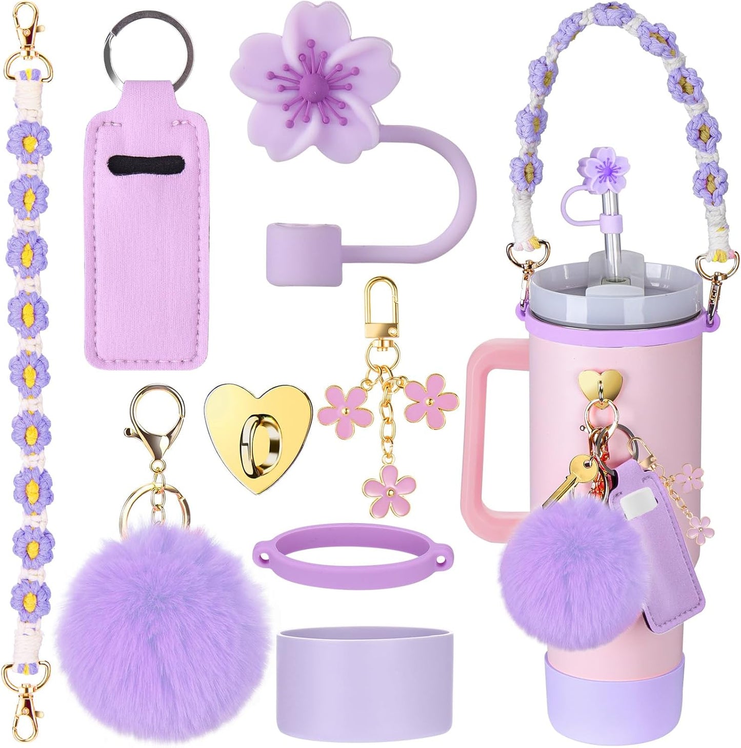 Mity rain Cup Accessories for Stanley Cup 30oz 40oz Tumbler with Handle, Including Water Bottle Handle Strap, Chapstick Holder, Boot, Keychain Charms, Straw Topper Cover Cap for Stanley (Purple)