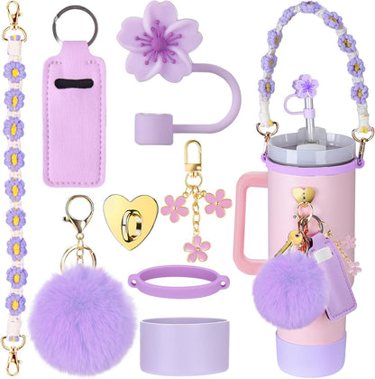Mity rain Cup Accessories for Stanley Cup 30oz 40oz Tumbler with Handle, Including Water Bottle Handle Strap, Chapstick Holder, Boot, Keychain Charms, Straw Topper Cover Cap for Stanley (Purple)