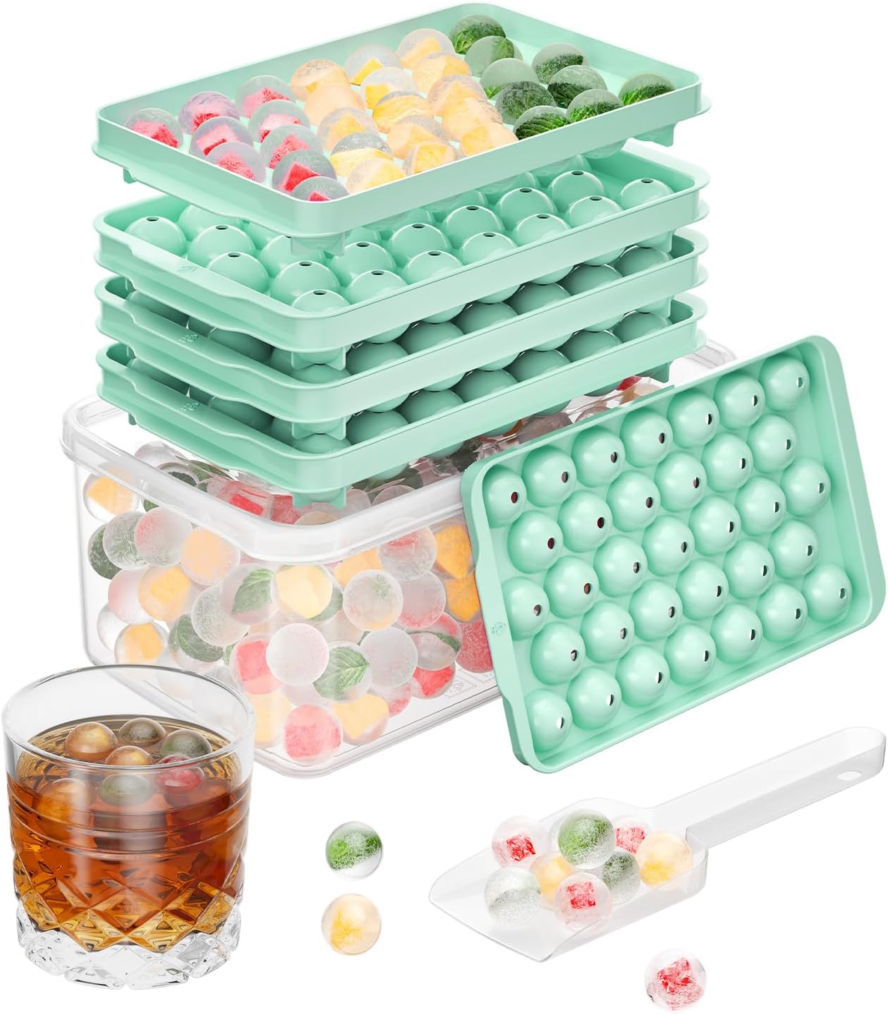 Optish 3 Pack Ice Trays for Freezer, 99 PCS Ice Cube Tray with Lid and Bin, Round Ice Cube Mold, Circle Ice Maker for Chilling Drinks (0.8 inch, Pink)
