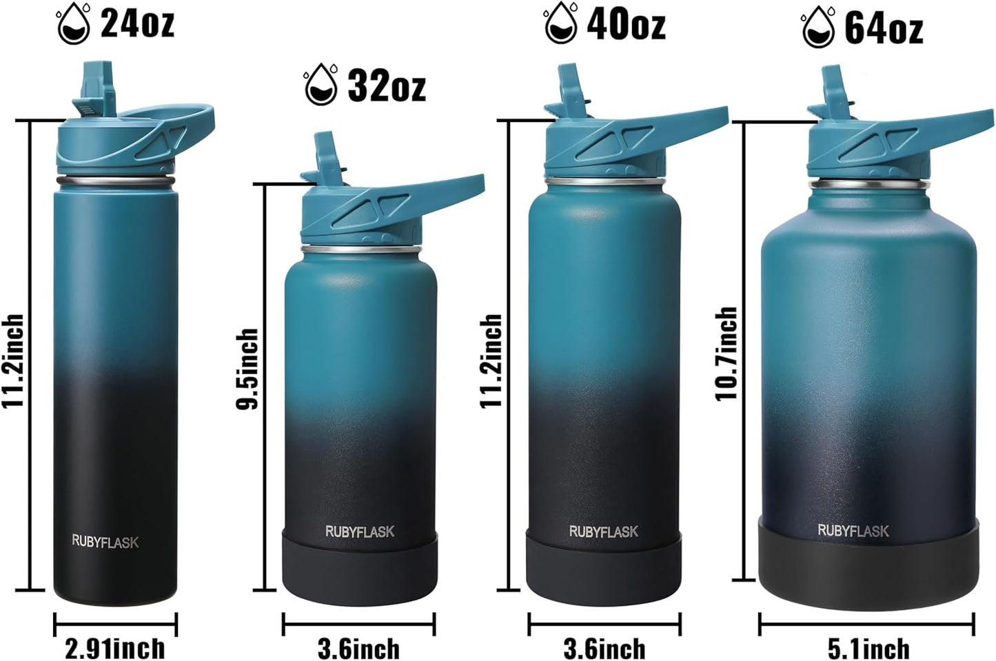 RUBYFLASK 32oz Insulated Water Bottle with Straw, Stainless Steel Metal Vacuum Water Flask, Large Thermal Water bottle with Leakproof 3 Lids for Travel, Camping, Gym Sports Indigo Black