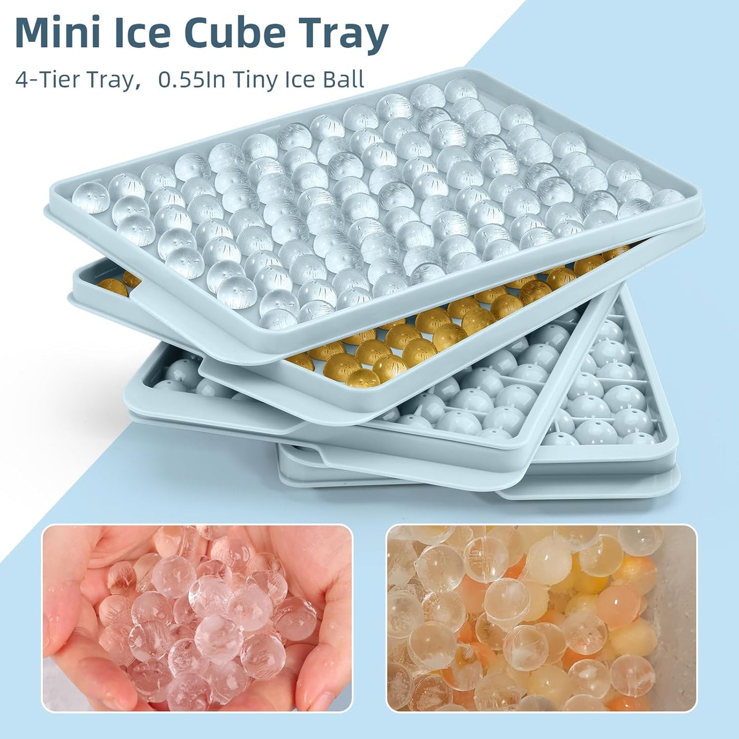 WIBIMEN Mini Ice Cube Trays, 0.55” Tiny Pebble Ice for Iced Coffee & Cocktails, Fast Chill, Easy Twist Release, Stackable with Lid & Storage Bin (4 Pack, Blue)