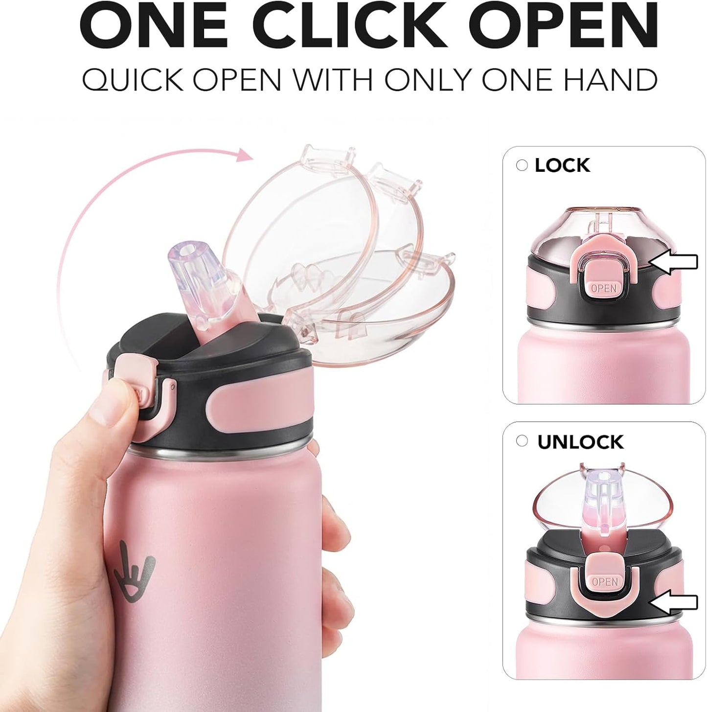 Enerbone 24 oz Insulated Water Bottle, Stainless Steel Bottle with Carrying Strap, Double-Wall Vacuum Insulation Design, Leakproof Sports Bottle with Straw, Keep Drinks Cold or Hot for Hours