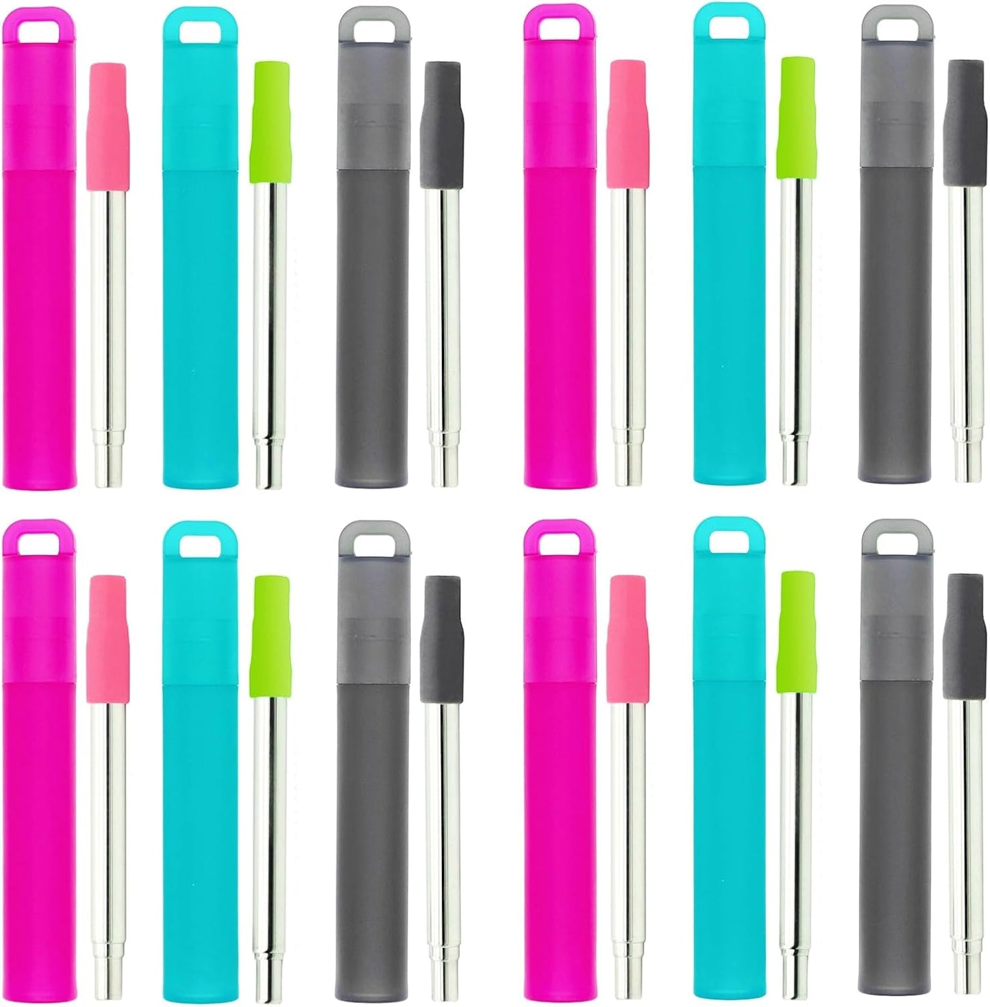 NAIVELY-Metal Reusable Straws 3 Pack Collapsible Portable Stainless Steel Drinking Straw Telescopic Travel Straw, with Case and Cleaning Brush Foldable Pocket Straws