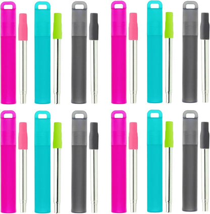 NAIVELY-Metal Reusable Straws 3 Pack Collapsible Portable Stainless Steel Drinking Straw Telescopic Travel Straw, with Case and Cleaning Brush Foldable Pocket Straws