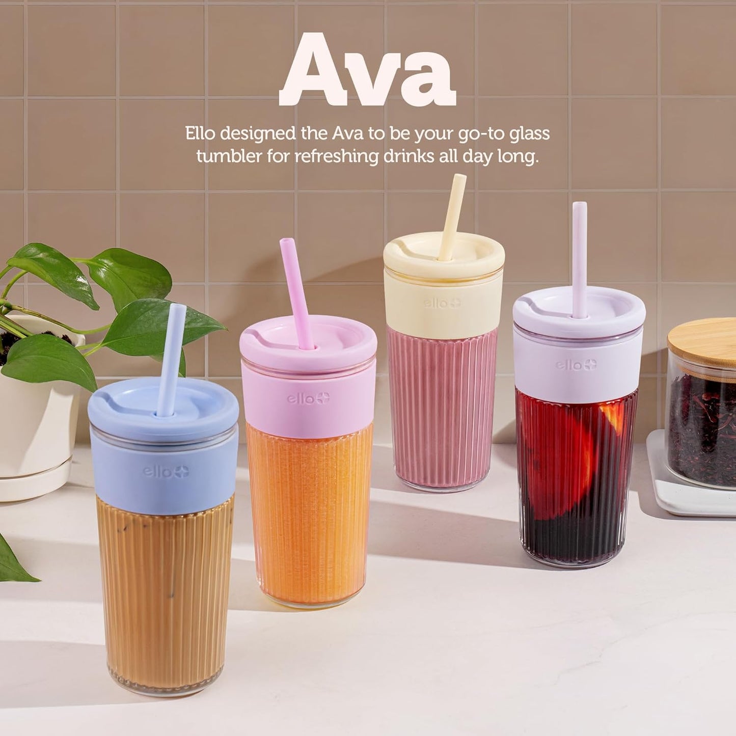 Ello Devon Glass Tumbler , Protective No Sweat Silicone Sleeve and Splash Proof Wooden Detail Lid with Straw, 18 oz