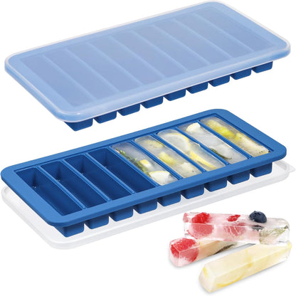 Koluti Nonstick Silicone 9 Ice Cubes Freezer Tray with Plastic Lid, 2-Pack Water Bottle Long Narrow Stick Ice Cube Mold Maker, Ideal for Sport Bottles, Cocktail and Whisky, Dishwasher Safe & BPA Free