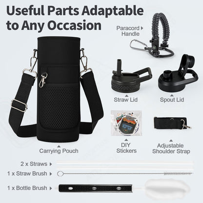 WixByti 40 oz Insulated Water Bottle with Straw (Cold for 36 Hrs), Stainless Steel Triple Wall Vacuum Sports Water Jug, Leakproof Hydro Cup Flask with Paracord Handle & Straw Spout Lids & DIY Stickers