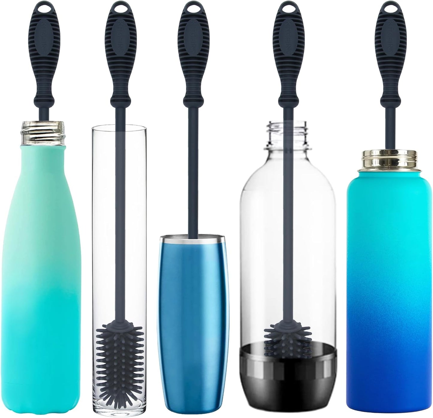 Kitchiny Silicone Bottle Brush with 2 Straw Cleaners - 12.5” Water Bottle Cleaner Brush for Yeti, Hydro Flask, Owala, Stanley, Baby Bottles, Glassware, Vases & Narrow Neck Containers - Orange
