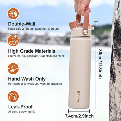 KEWIXY 32 oz Insulated Water Bottle, 2-in-1 Lid, Straw & Spout with Protected, Leak Proof, Keep Cold, Stainless Steel, Metal, Reusable, Handle, for Outdoor, Gym and School, 2 Lids, Blush Pink
