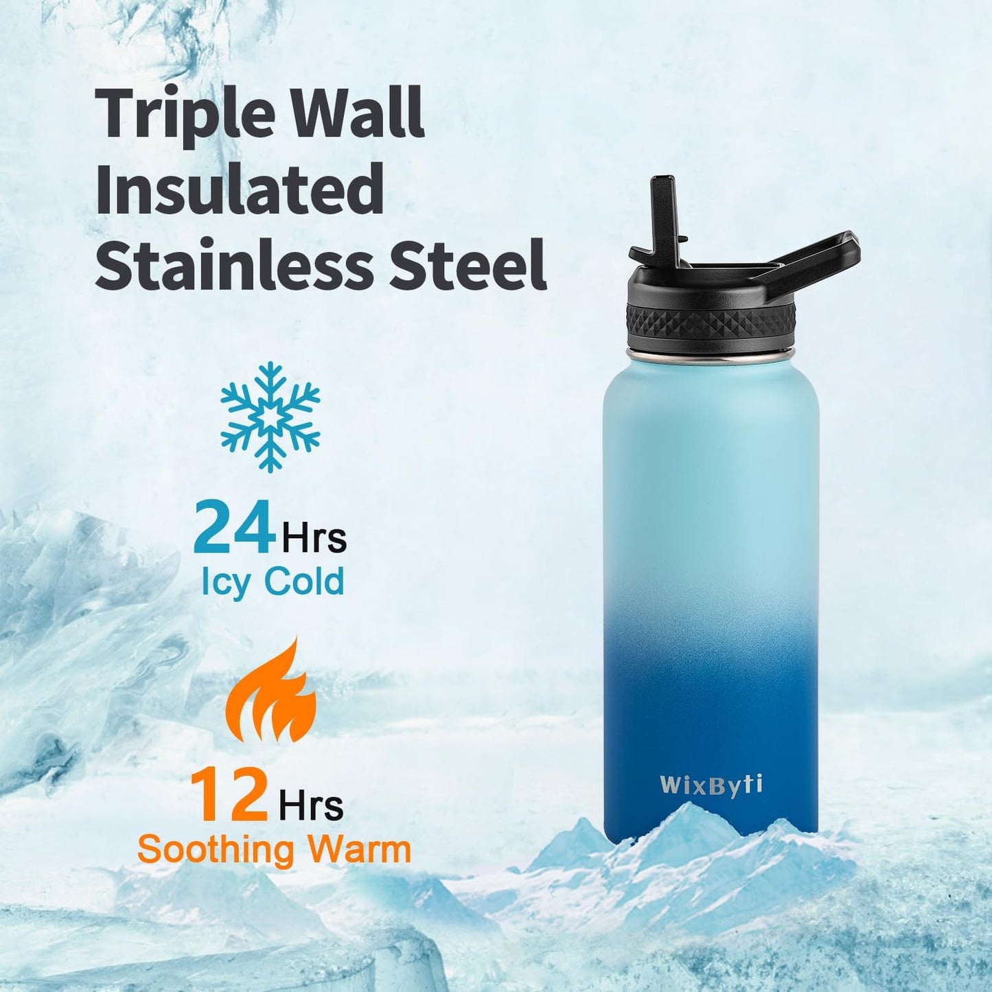 WixByti 40 oz Insulated Water Bottle with Straw (Cold for 36 Hrs), Stainless Steel Triple Wall Vacuum Sports Water Jug, Leakproof Hydro Cup Flask with Paracord Handle & Straw Spout Lids & DIY Stickers