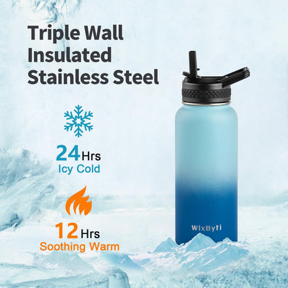WixByti 40 oz Insulated Water Bottle with Straw (Cold for 36 Hrs), Stainless Steel Triple Wall Vacuum Sports Water Jug, Leakproof Hydro Cup Flask with Paracord Handle & Straw Spout Lids & DIY Stickers