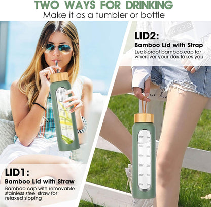 SipZest 32 oz Glass Water Bottle with Straw - Motivational Time Marker & Silicone Sleeve - Reusable Tumbler Includes 2 Bamboo Lids & Fruit Infuser - 1 Pack