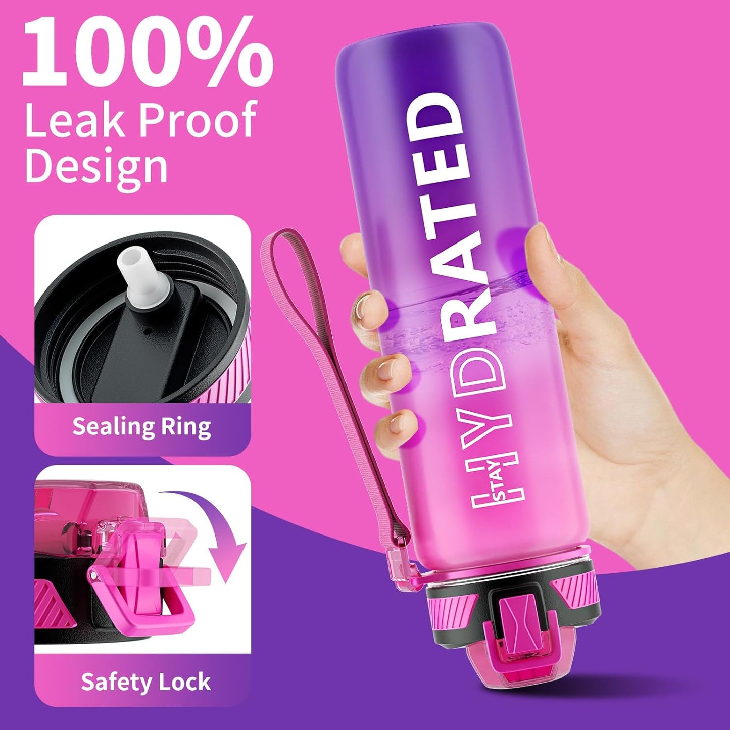 QLUR Water Bottle with Straw, 32oz Motivational Water Bottles with Time Marker to Drink, Tritan BPA Free, 1L Sports Water Bottle with Carry Strap LeakProof for Women Gym Fitness Outdoor (1 Pack)