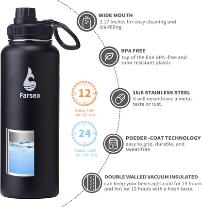 Farsea Insulated Water Bottle With Paracord Handle, Protective Silicone Boot and 2 Lids (Straw Lid & Spout Lid), Stainless Steel Water Bottle Wide Mouth, Double Wall Sweat-Proof BPA-Free, 24 oz
