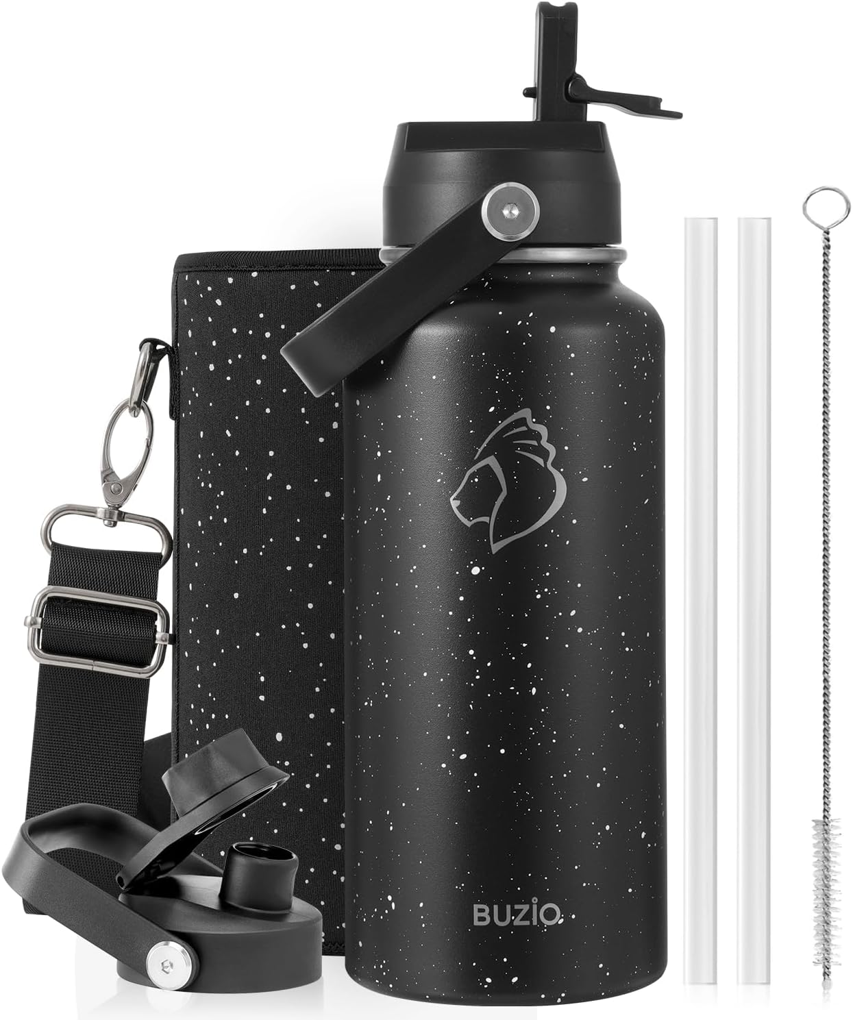 BUZIO 40oz Insulated Water Bottle, Triple Wall Vacuum Stainless Steel Water Flask with 2 lids, Lead-Free BPA-Free Straw Lid Sports Canteen Jug, Cold 48H & Hot 24H- Black - Colors A