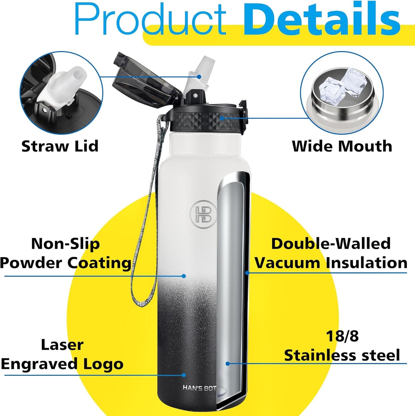 Han's Bottle Sports Water Bottle - 24 Oz, Straw Lid, Leak Proof, Vacuum Insulated Stainless Steel, Double Walled, Thermo Mug,Black