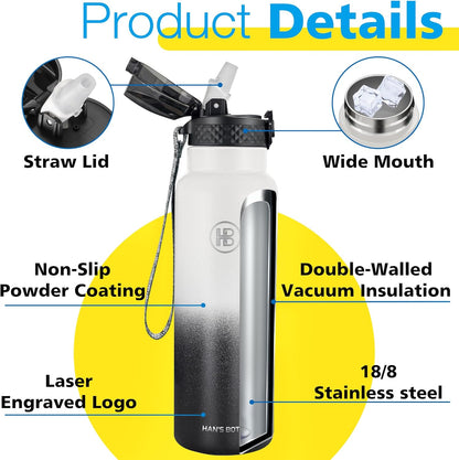 Han's Bottle Sports Water Bottle - 24 Oz, Straw Lid, Leak Proof, Vacuum Insulated Stainless Steel, Double Walled, Thermo Mug,Black