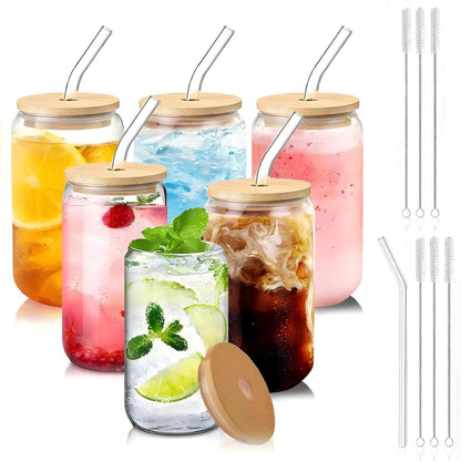 Glass Cups with Lids and Straws 1Pack,Glass Coffee Cups,Glass Cup with Lid for Iced Coffee,Smoothie,Cocktail,Beer,Whiskey,Soda,Matcha,16 Oz Glass Cup with Bamboo Lid,1 Brush