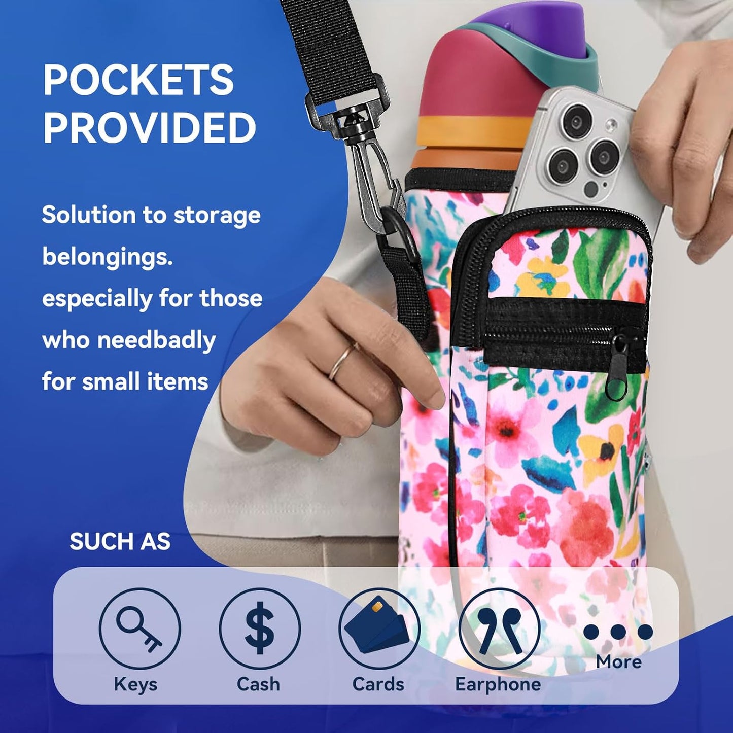 Neoprene Water Bottle Holder Bag with Cell Phone Pocket Compatible with Owala FreeSip 24 oz，Water Bottle Carrying Bag ，with Adjustable Shoulder Strap,for 24oz Stainless Steel Water Bottle
