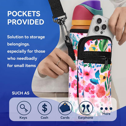Neoprene Water Bottle Holder Bag with Cell Phone Pocket Compatible with Owala FreeSip 24 oz，Water Bottle Carrying Bag ，with Adjustable Shoulder Strap,for 24oz Stainless Steel Water Bottle