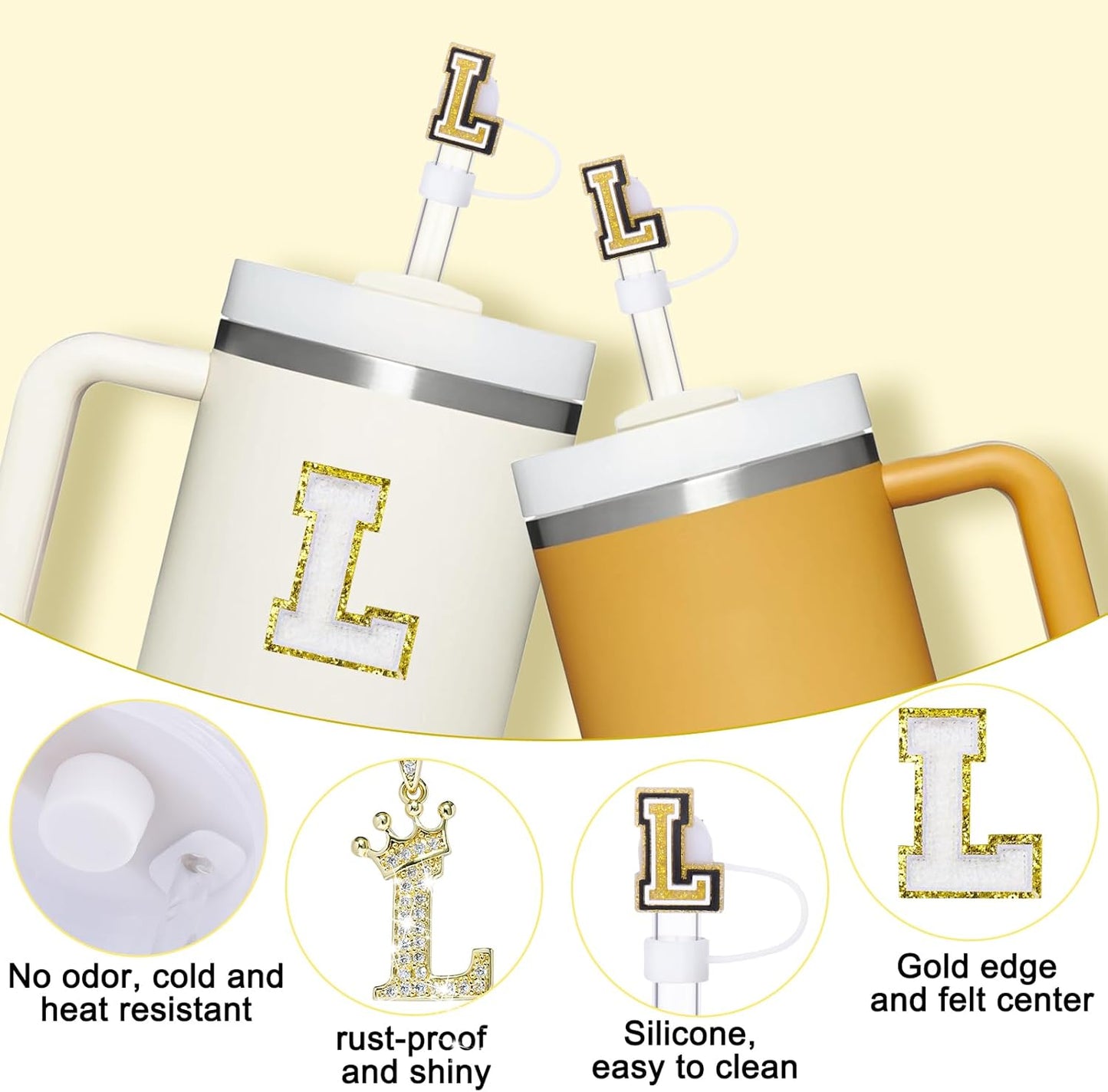 Mity Rain 6pc Cup Accessories Set for Stanley 30 oz & 40 oz Tumbler with Handle, Including Straw Cover Cap, Cup Initials Charm, Silicone Boot, Round & Square Spill Proof Stopper