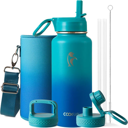 Half Gallon Water Bottle Insulated with Straw & 3 Lids, Coolflask 64 oz Water Jug Large Metal Stainless Steel Wide Mouth for Sports, Gym or Office, Non-BPA Keep Cold 48H Hot 24H, Samurai Cyan
