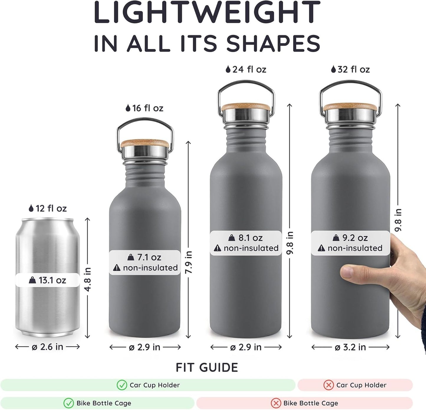 Bambaw Stainless Steel Water Bottles 32 oz, Non-insulated Single Wall Metal Water Bottle Stainless Steel, Reusable & Eco Friendly, Dishwasher Safe – Silver | Non-insulated