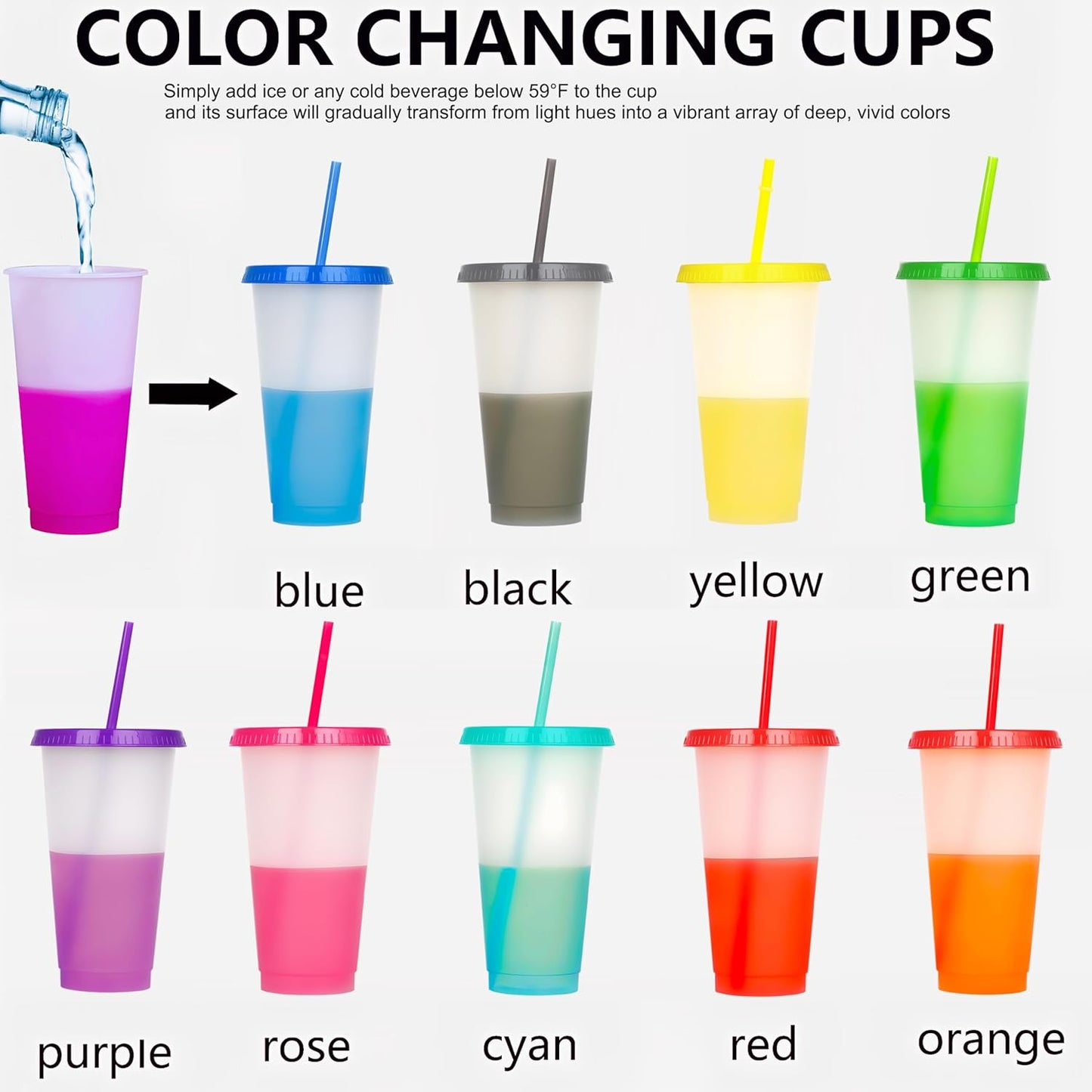 Color Changing Cups, 5 Pack 24oz Plastic Tumblers, Reusable Iced Coffee & Smoothie Cups with Lids and Straws for Parties and Travel