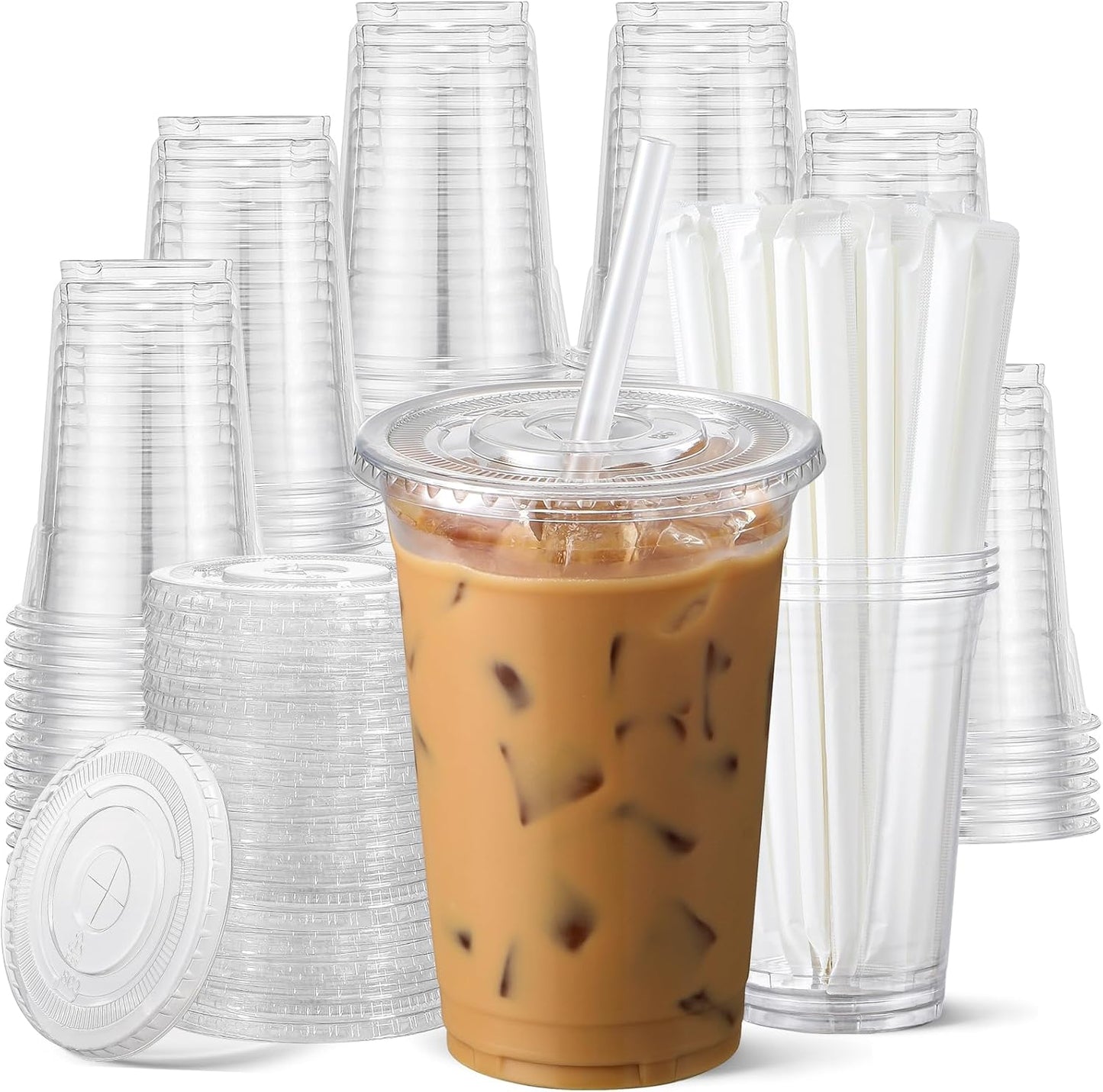 AOZITA 100 Pack - 16 oz Clear Plastic Cups with Lids and Straws, Food Safe Disposable Iced Coffee Cups for Cold Beverages, Smoothies, Iced Coffee, Leak-Proof, BPA-Free