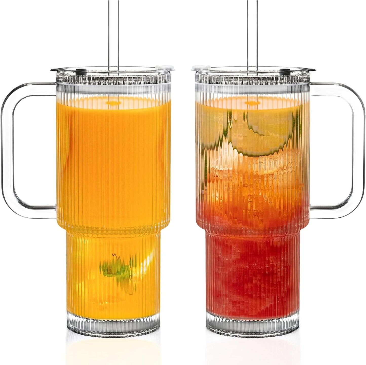 KEMORELA Large 26oz Clear Glass Mug with Handle and Sliding Lid – Aesthetic Ribbed Tumbler for Iced Coffee, Smoothies & Hot Drinks – Reusable Travel Cup with Straw, Dishwasher Safe (Ribbed Tumbler)