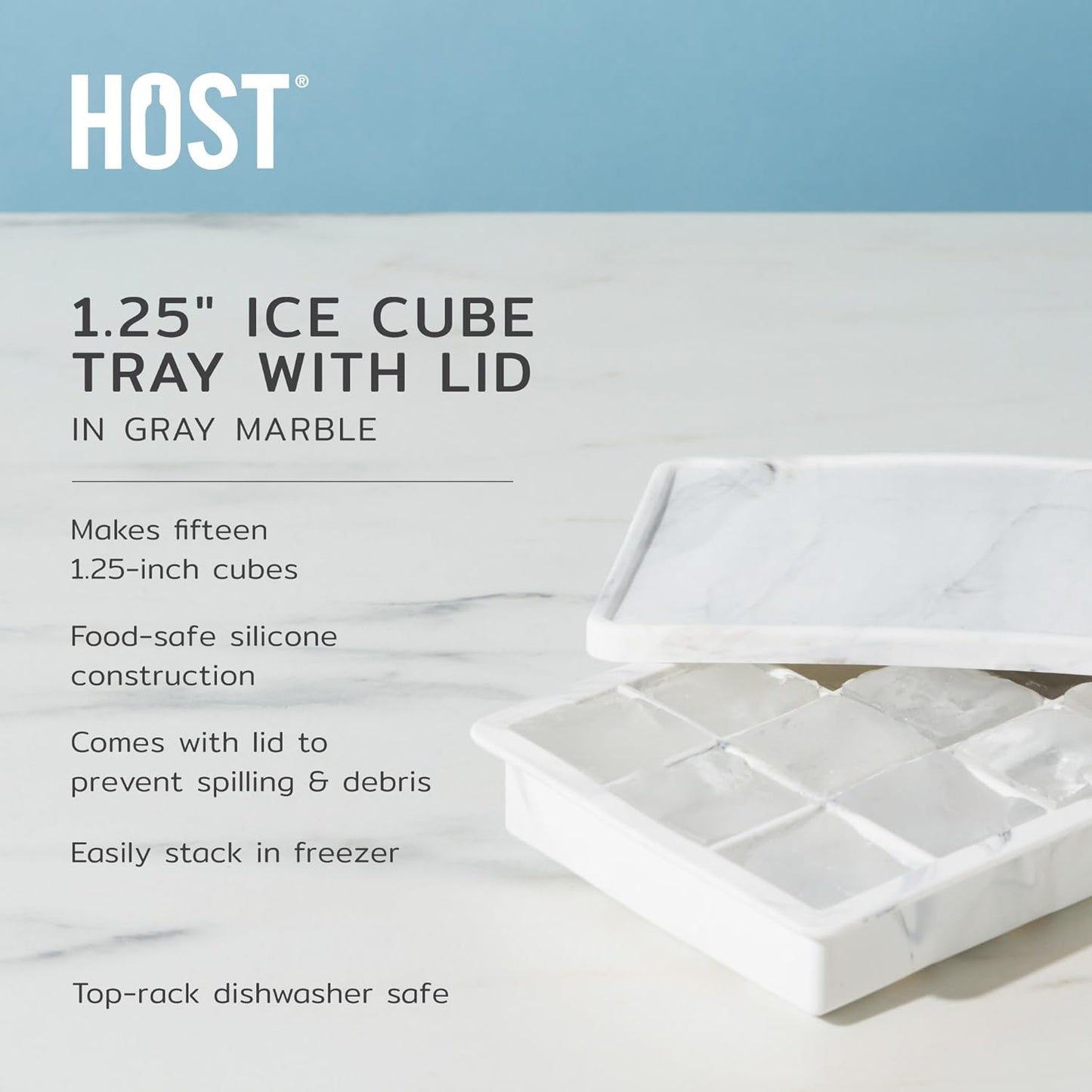 Host Ice Cube Tray, Makes Four 5-Inch Long Cubes, Durable Silicone Trays with Easy Release Design, Perfect for Water Bottles and Highball Glasses, Home Bar Accessories, Set of 1, Marble