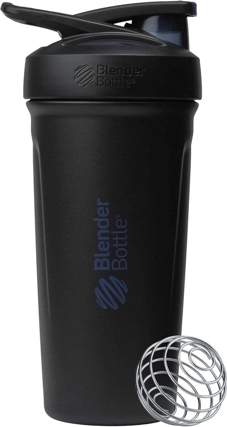 BlenderBottle Strada Shaker Cup Insulated Stainless Steel Water Bottle with Wire Whisk, 24-Ounce, White