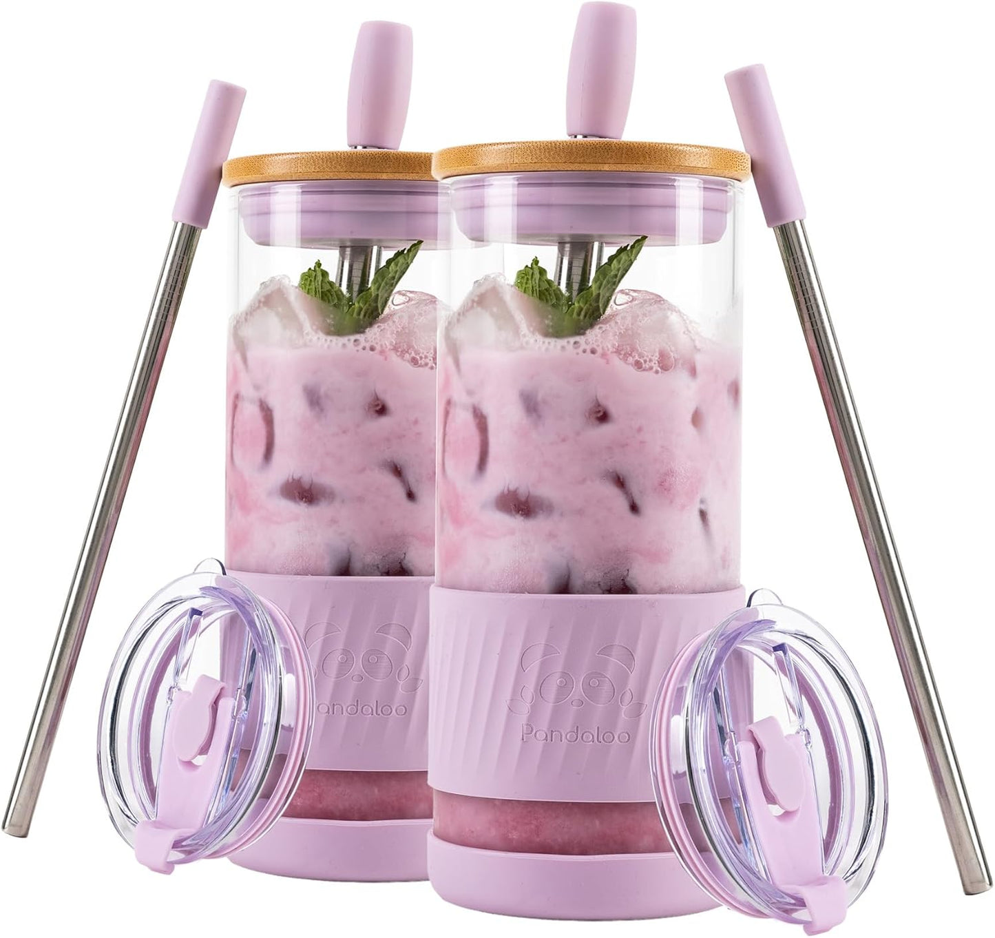 Pandaloo® Glass Cups With Lids and Straws -20 Fl Oz- Perfect Size Iced Coffee Cup - Smoothie Cup With Bamboo Lid and On the go Lid - Glass Tumbler With Straw (1 Count (Pack of 1), Lilac Rhapsody)