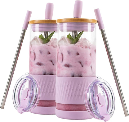 Pandaloo® Glass Cups With Lids and Straws -20 Fl Oz- Perfect Size Iced Coffee Cup - Smoothie Cup With Bamboo Lid and On the go Lid - Glass Tumbler With Straw (1 Count (Pack of 1), Lilac Rhapsody)