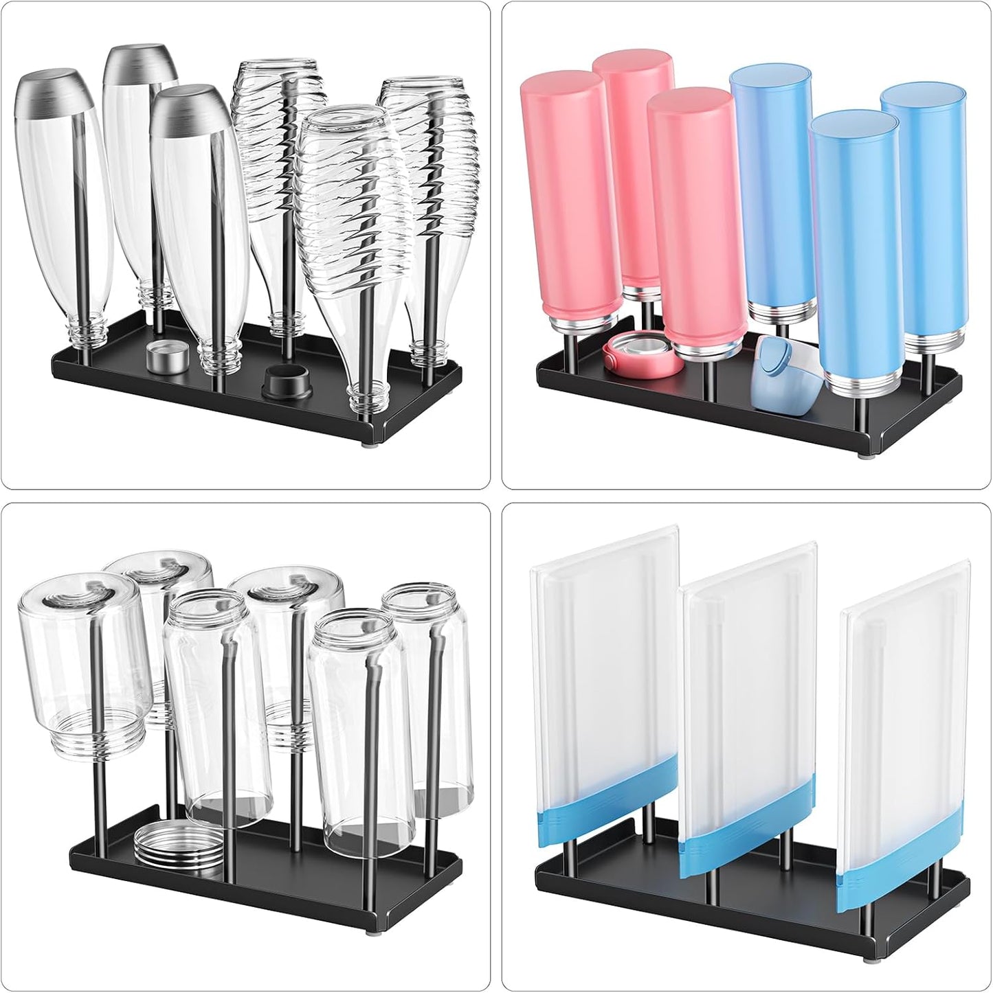 Water Bottle Drying Rack with Drain Tray, Cup Drying Rack for Counter, Metal Tumbler Dryer Stand with 6 Pegs, Space-Saving Drying Rack for Water Bottles, Baby Bottle, Glass & Reusable Bag (Black)
