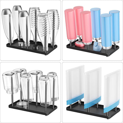 Water Bottle Drying Rack with Drain Tray, Cup Drying Rack for Counter, Metal Tumbler Dryer Stand with 6 Pegs, Space-Saving Drying Rack for Water Bottles, Baby Bottle, Glass & Reusable Bag (Black)