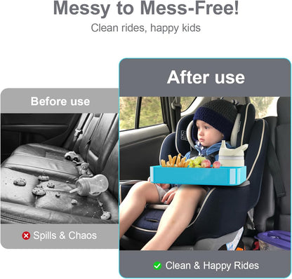Car Seat Snack Tray for Toddlers - 3 Inch Cup Holder Fits Most Sippy Cups & Straw Bottles with Dip Well, Mess-Free Square Kids Travel Tray Road Trip Essentials, Black