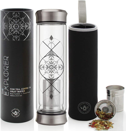 Teabloom All-Beverage Infusion Bottle – 14 oz / 400 ml – Double Wall Insulated Glass Travel Flask – Hot Tea & Cold Brew Coffee Thermos – Removable Sleeve