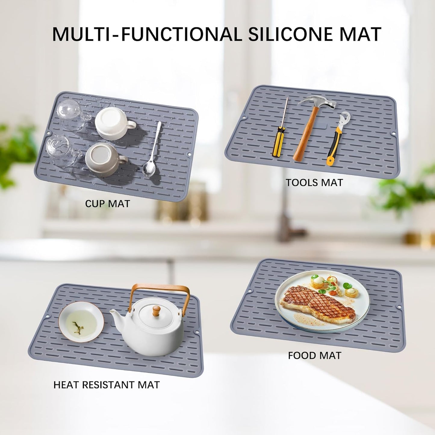To encounter Silicone Dish Drying Mat -Small 17.5" x 8" - Set of 2 Flexible Stemware Drying Mat, Heat Resistant Silicone Trivet, Countertop Mat, Dish Draining Mat, Sink Mat
