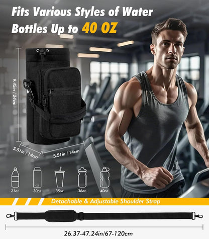 Nuovoware Water Bottle Carrier Bag,25oz/40oz/64oz Bottle Pouch Holder,Adjustable Shoulder Hand Strap 2 Pocket Sling Neoprene Sleeve Sports Accessories for Hiking Travelling Camping